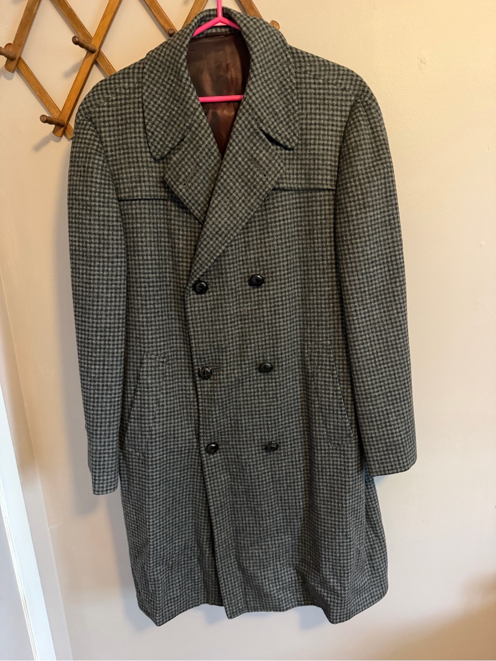 Joe Feller Ottawa Vintage Houndstooth Wool Double Breasted Trench Overcoat M